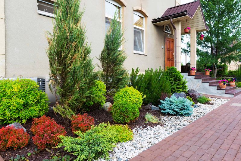 Commercial entrance planted with junipers, boxwood and barberry in dark mulch edged with white stone, beside a brick paver walkway